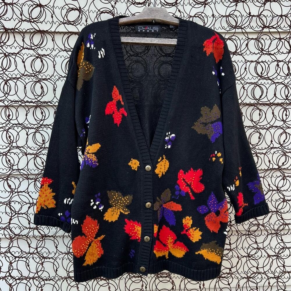 Vintage 90s Chaus Sport Fall Spooky Halloween Leaves Long Cardigan Sweater MED
